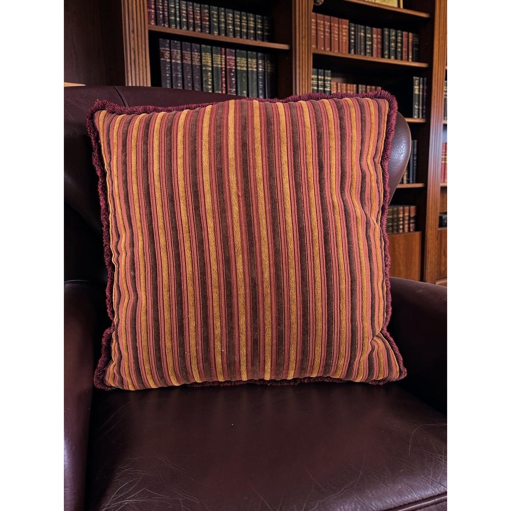 Luxury Burgundy Chenille Stripe Down Throw Pillow Down Feather 16" Library Lodge